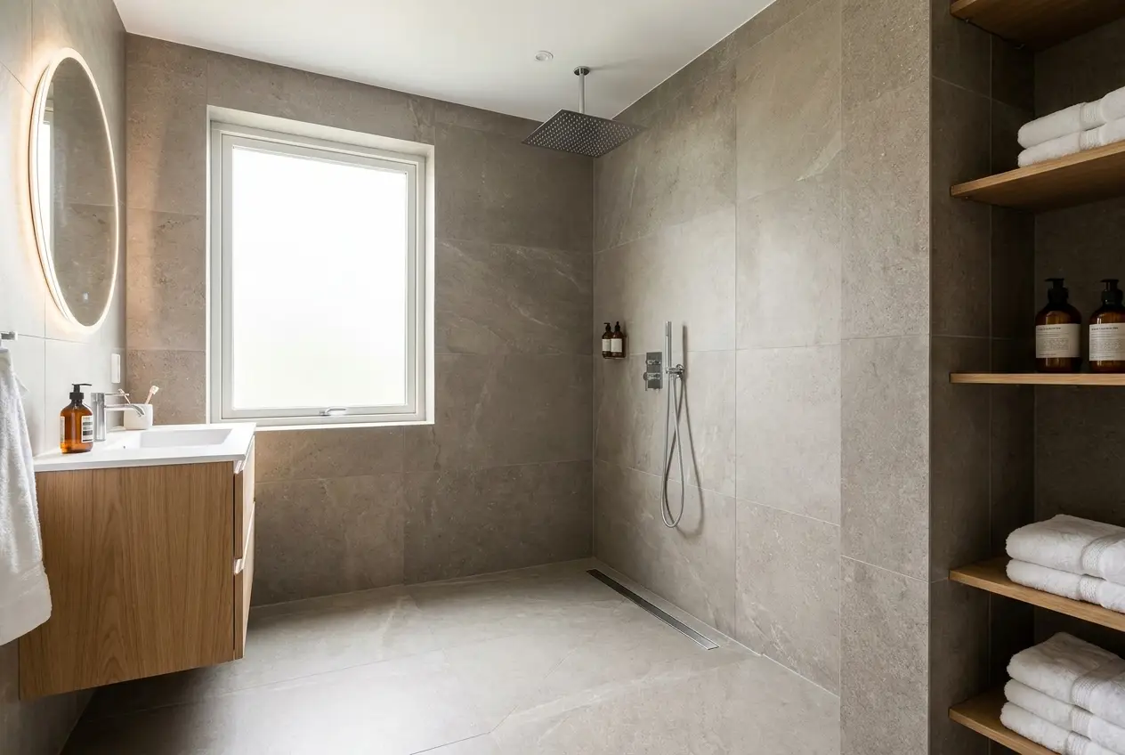 Fertig saniertes Komplettbad mit bodengleicher Dusche und modernen Fliesen