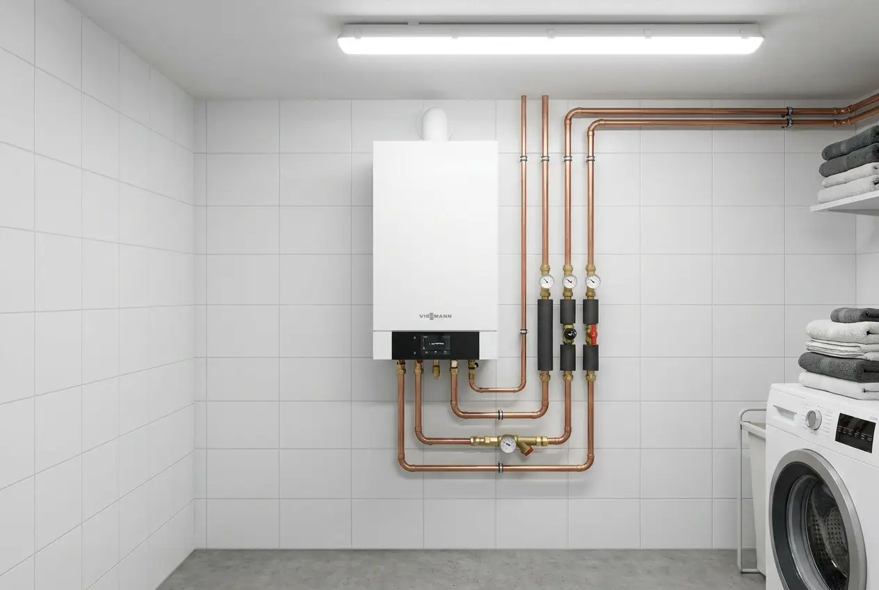 Moderne Brennwerttherme sauber installiert im Heizraum
