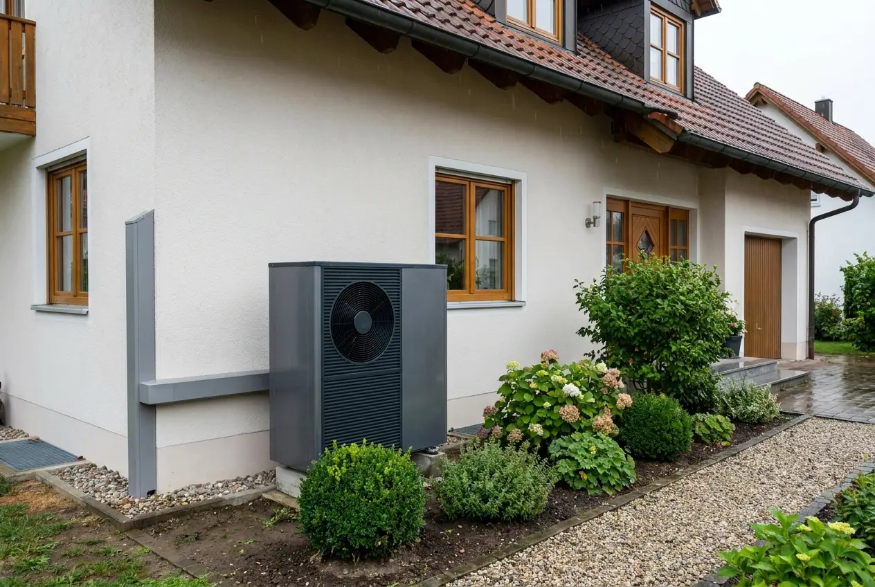 Luft-Wasser-Wärmepumpe Außeneinheit an einem Einfamilienhaus in Möglingen