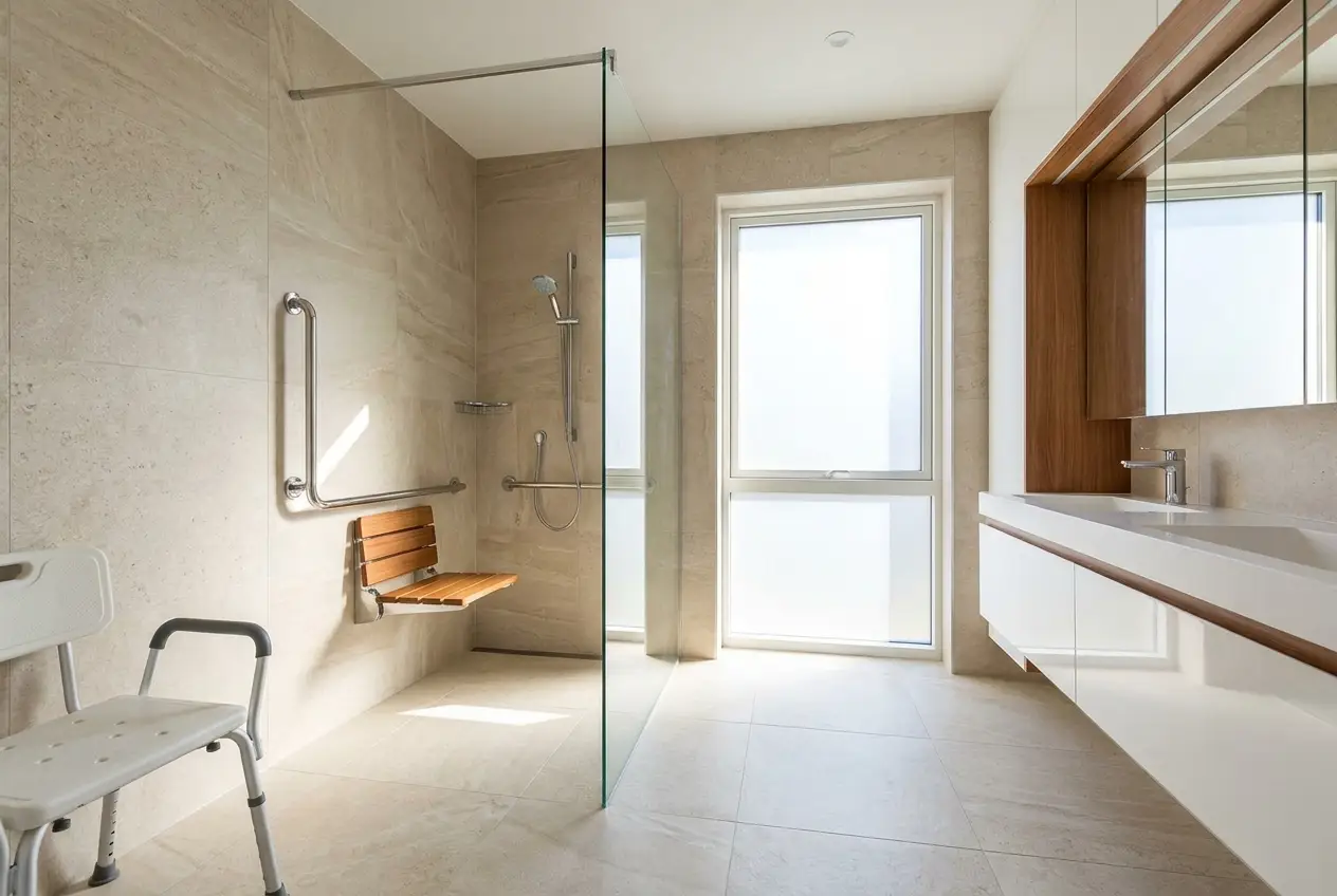Barrierefreie bodengleiche Dusche mit Haltegriffen in Remseck
