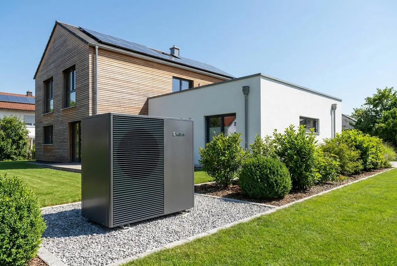 Luft-Wasser-Wärmepumpe Außeneinheit vor einem Einfamilienhaus